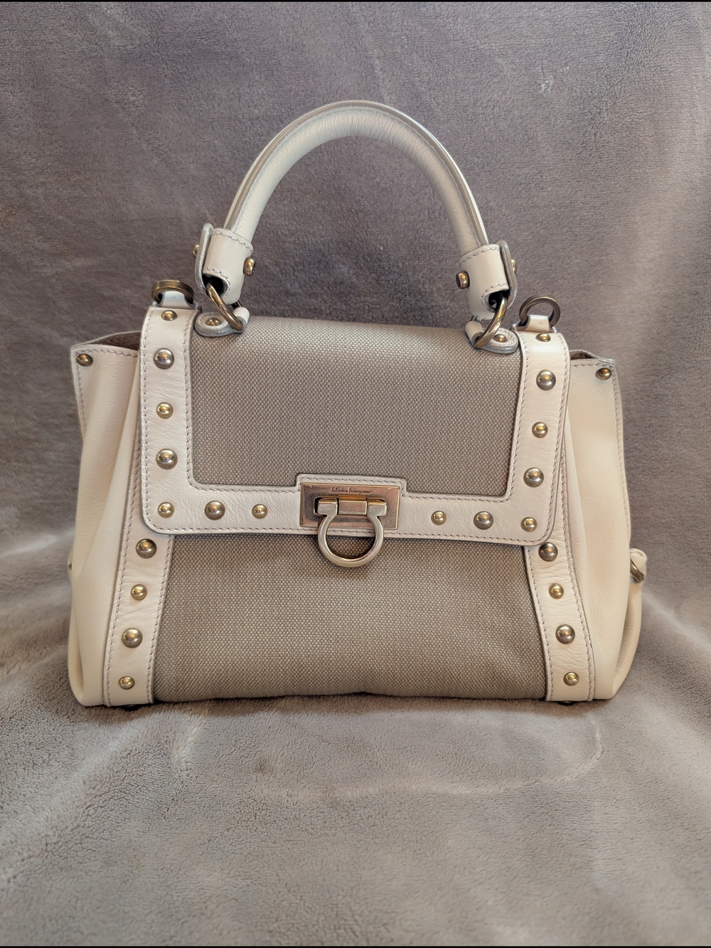 Salvatore Ferragamo Cream & Beige Stud-Trim Top-Handle Satchel